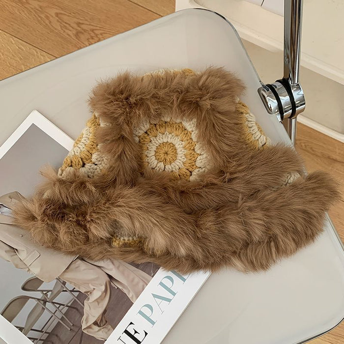 Wholesale Rabbit hair knitted plush hat for women in autumn and winter, new furry lion awakening fisherman hat, face enhancing small woolen hat