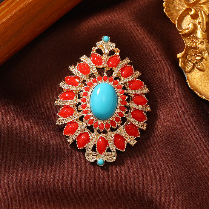 Wholesale Ethnic Style Imitation Turquoise Hollow Geometric Brooches Women's et Accessories