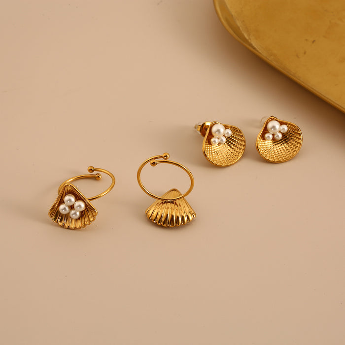 Wholesale Fashionable stainless steel pearl ring earring set with high-end temperament and shell earrings ring