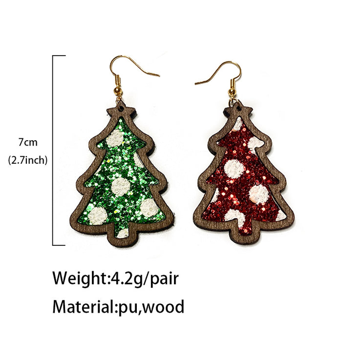 Wholesale Christmas flash leather wooden earrings wave point inlaid Christmas Tree Holiday earrings