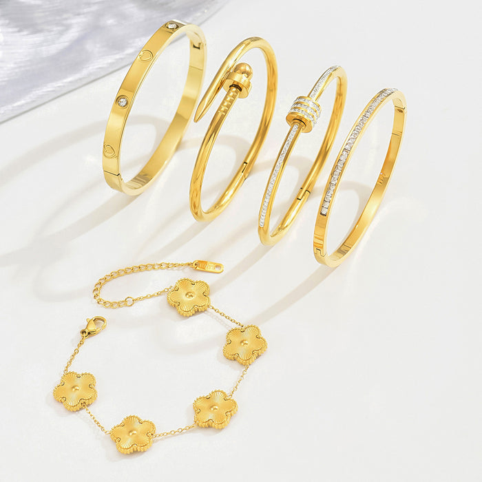 Wholesale Gold Tone Titanium Steel  Bangle Set With Rhinestone Row Trendy Jewelry Accessory For Party Or Everyday Gift