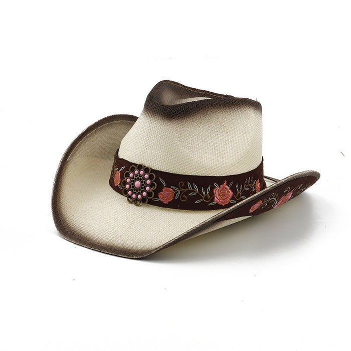 Wholesale Summer Straw Cowboy Hat Embroidery Breathable Sunshade JDC-FH-DG012