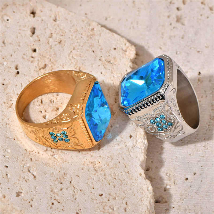 Wholesale HIPHOP titanium steel vacuum gold-plated ice blue rhinestone men' s ring