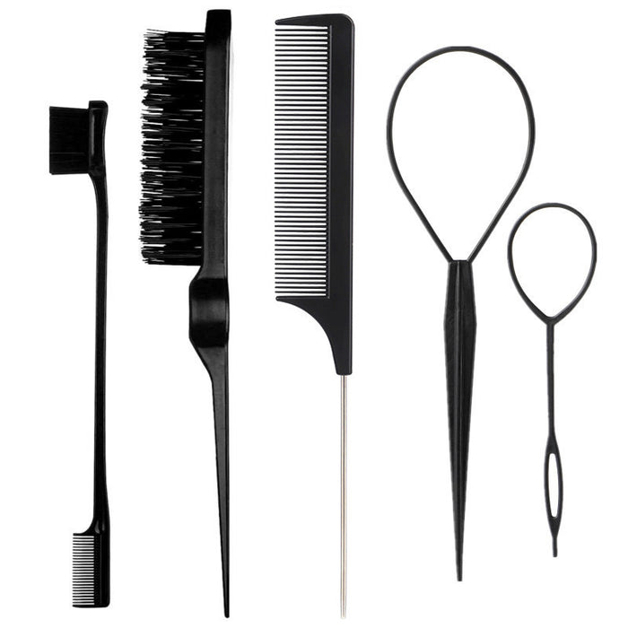 Wholesale 5 Piece Plastic Hair Styling Tool Set With Tail Comb And Brow Brush For Boutique Resale