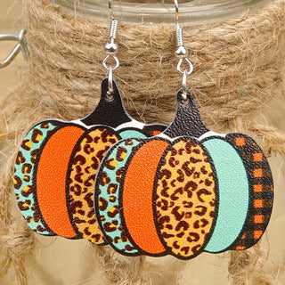Wholesale Thanksgiving Round Summer Pumpkin Maple Leaf Leopard Print Striped European and American Hot Selling Women' s Leather Earrings