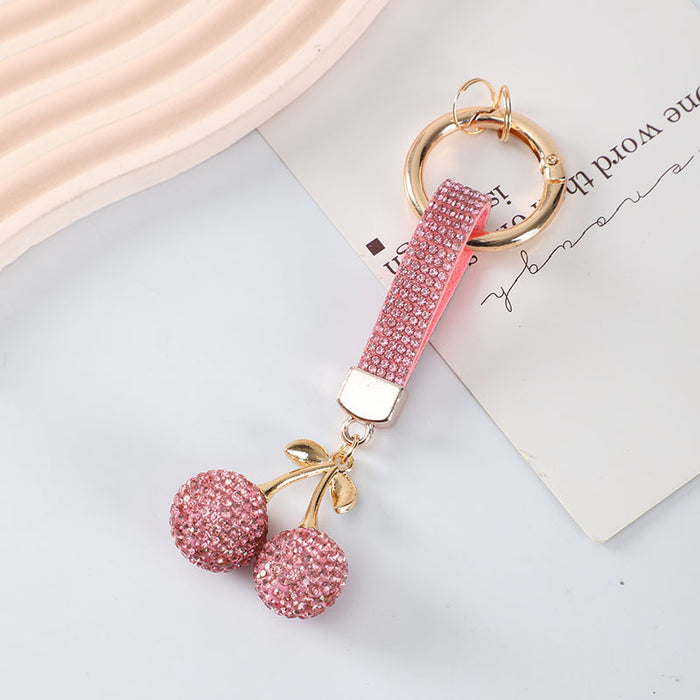 Wholesale Leather Cord with Diamond-Studded Cherry Keychain Pendant