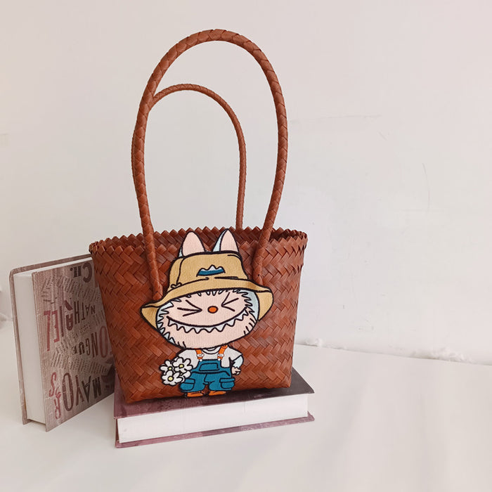 Wholesale Woven Basket Bag Shoulder Hand Bag Cute Rattan Cloth Cartoon Woven Bag