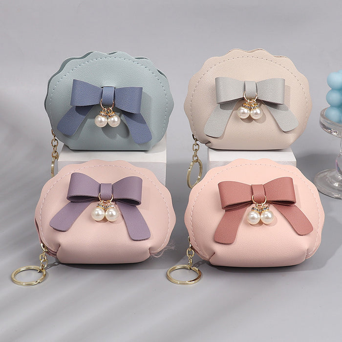 Wholesale PU Leather Pearl Bow Pouch Coin Purse Key Bag Charm Stylish Gift For Women