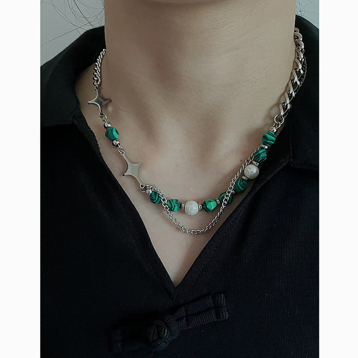 Wholesale Natural stone splicing cross star shaped necklace, collarbone chain, emerald inlaid bead accessory