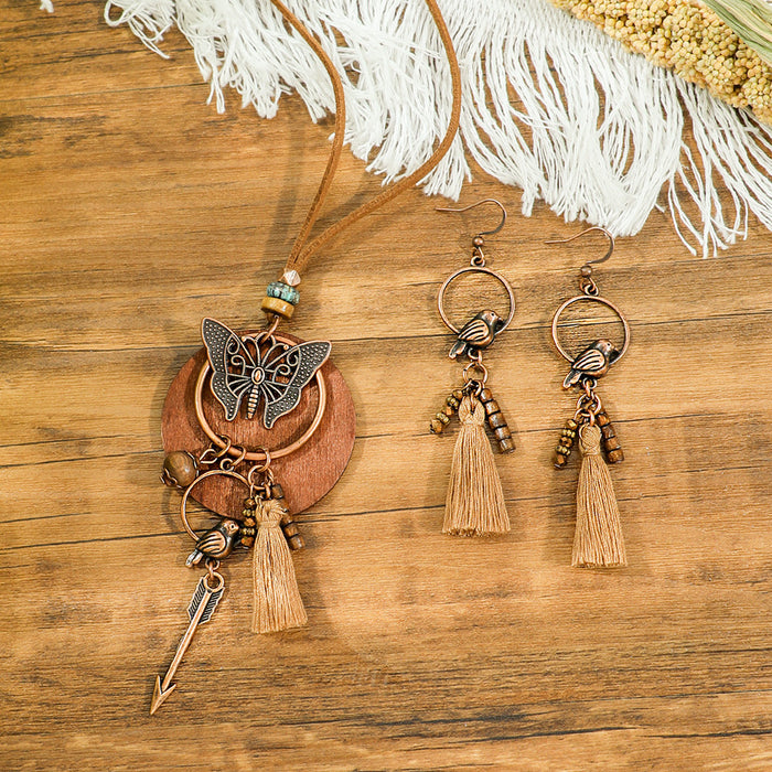 Wholesale Bohemian Dreamcatcher Tassel Earrings and Wooden Pendant Necklace Set