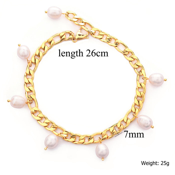 Wholesale Hip hop personality stainless steel natural freshwater pearl Cuban chain foot chain color preservation wholesale