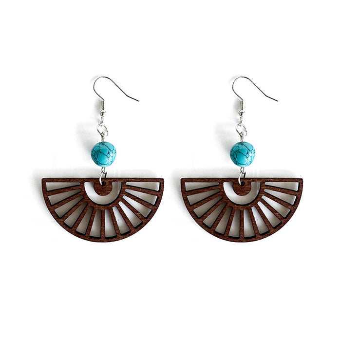 Wholesale Bohemian wood ing turquoise earrings hollow lightweight