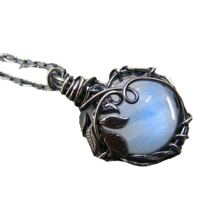Wholesale Leaf wrapped pendant necklace, vintage imitation moonstone glass jewelry wholesale