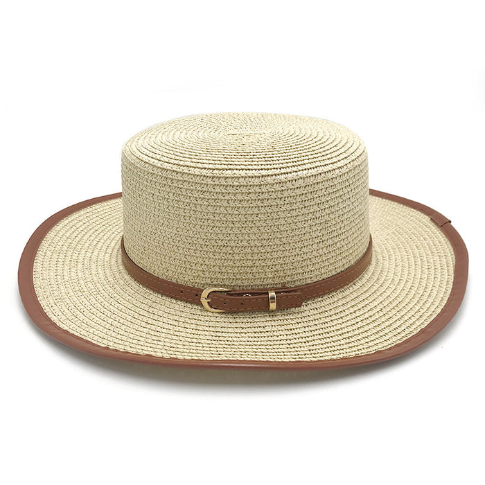 Wholesale Belt Metal Buckle Sun Hat Straw Hat Flat Brim Hat Straw Hat