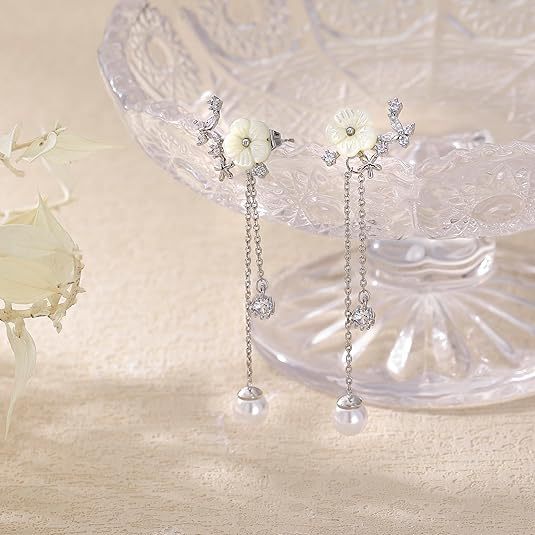 Wholesale New temperament shell flower earrings, two long tassel earrings, light luxury design earrings