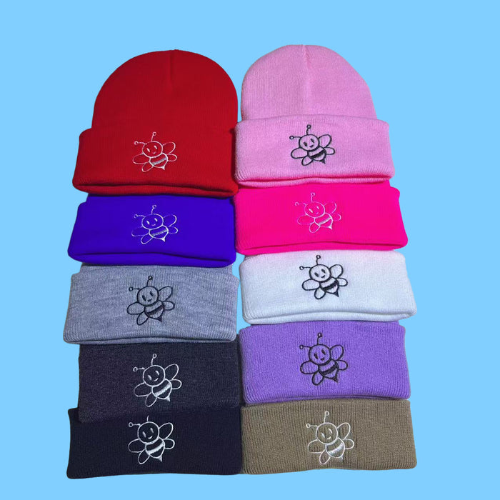 Wholesale Children' s embroidered bee knitted acrylic wool hat cute all-match warm earmuffs