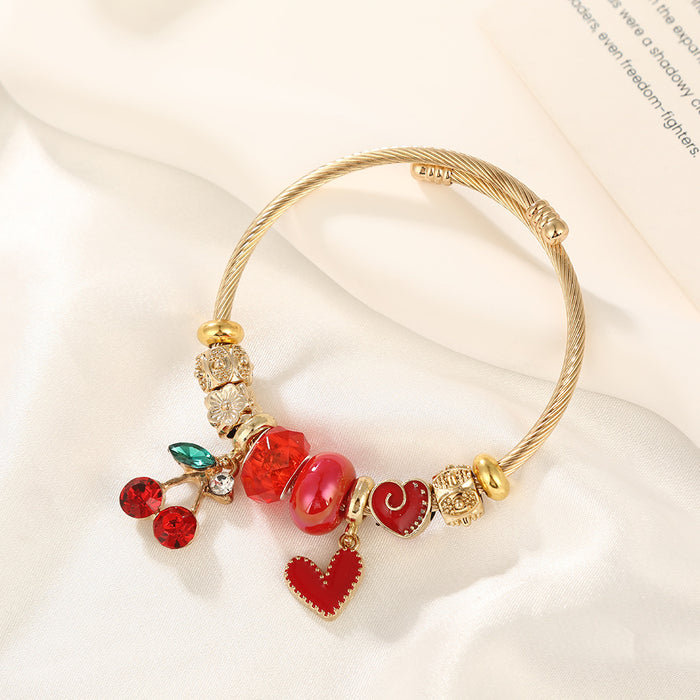 Wholesale Sweet Cherry Heart Bead Bracelet Women' s Stainless Steel Adjustable MOQ≥2