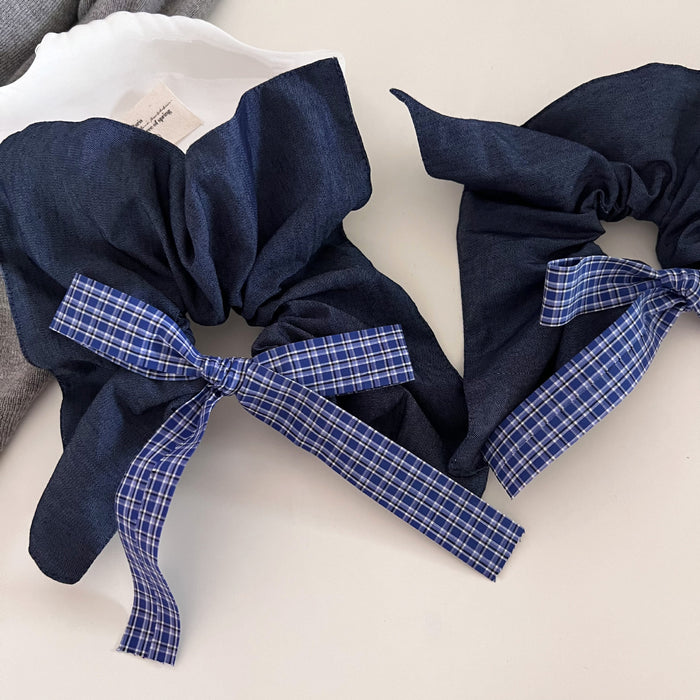 Wholesale A niche retro blue checkered bow square scarf with a low ponytail style, headband, headband, and hair accessories