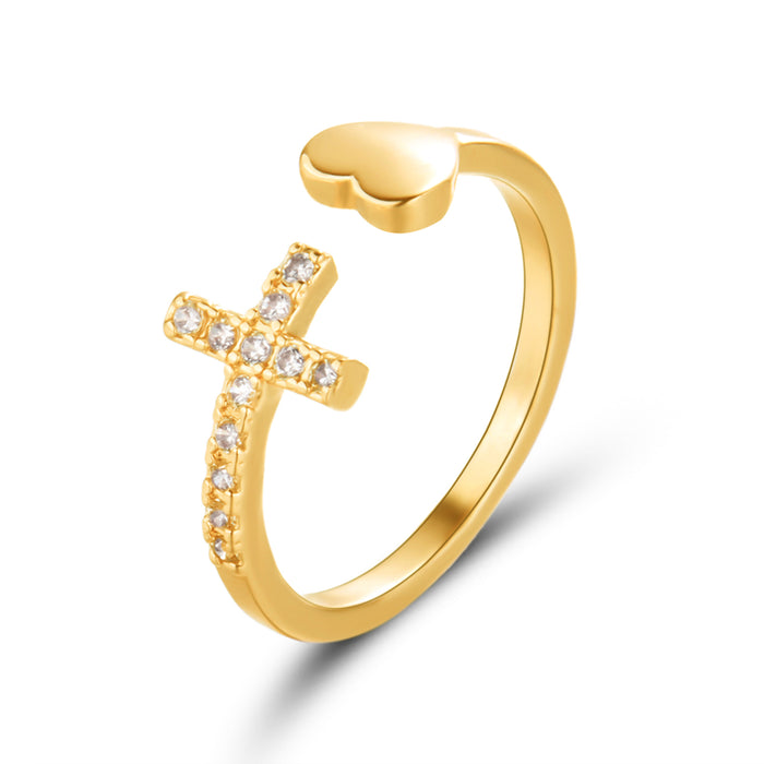 Wholesale Cross Love Heart Geometric Ring with Diamond Finish Alloy Adjustable Accessory