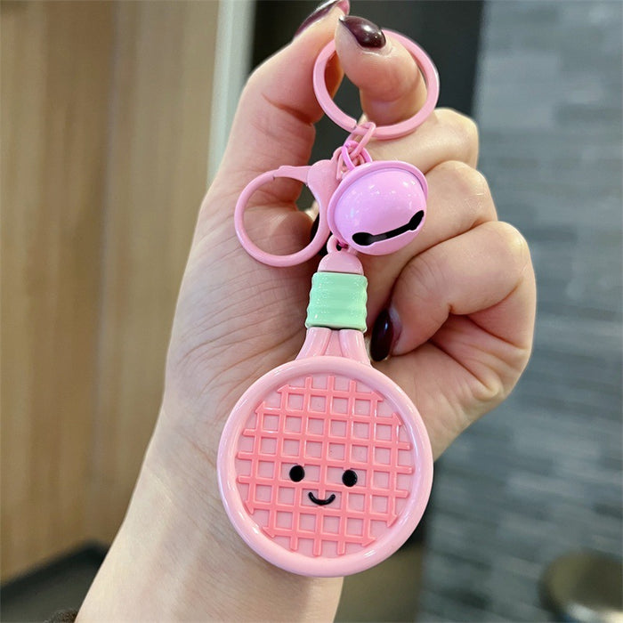 Wholesale 5 PCS Cute PVC cartoon colorful tennis racket keychains with bell