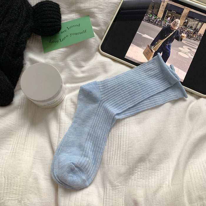 Wholesale Curled edge socks, mid length socks, new cotton socks, thin mesh breathable stacking long socks