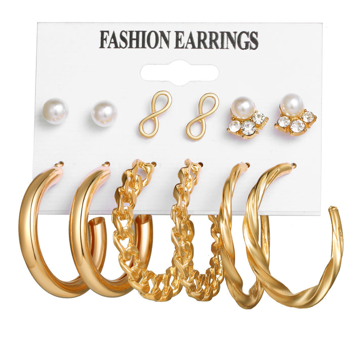 Wholesale 6-piece geometric pearl and diamond statement earring set