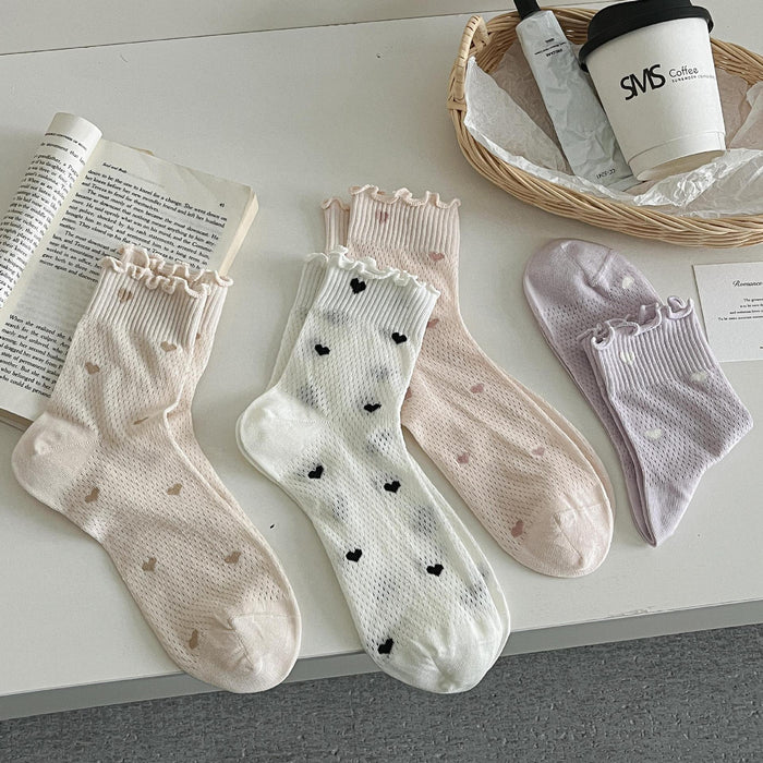 Wholesale New product: Ear fungus edge socks, mid tube socks, cotton socks, thin mesh, hollowed out lace, heart-shaped style, stacked socks