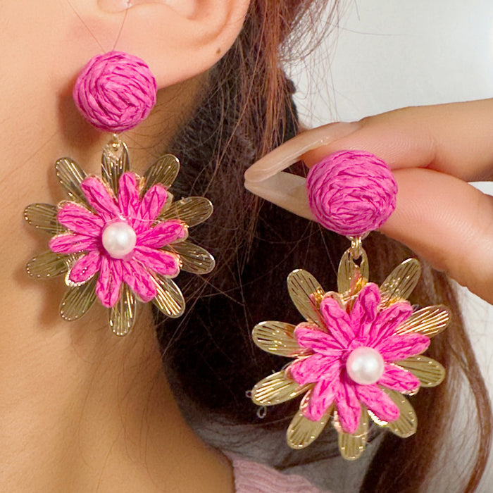 Wholesale Vacation Style Handmade Raffia Flower Earrings Red Jewelry Accessory MOQ≥5