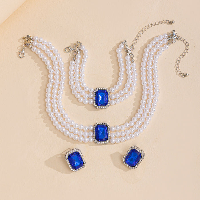 Wholesale Fashionable and exaggerated light luxury gemstone necklace jewelry combination, artistic and retro versatile pearl ring bracelet