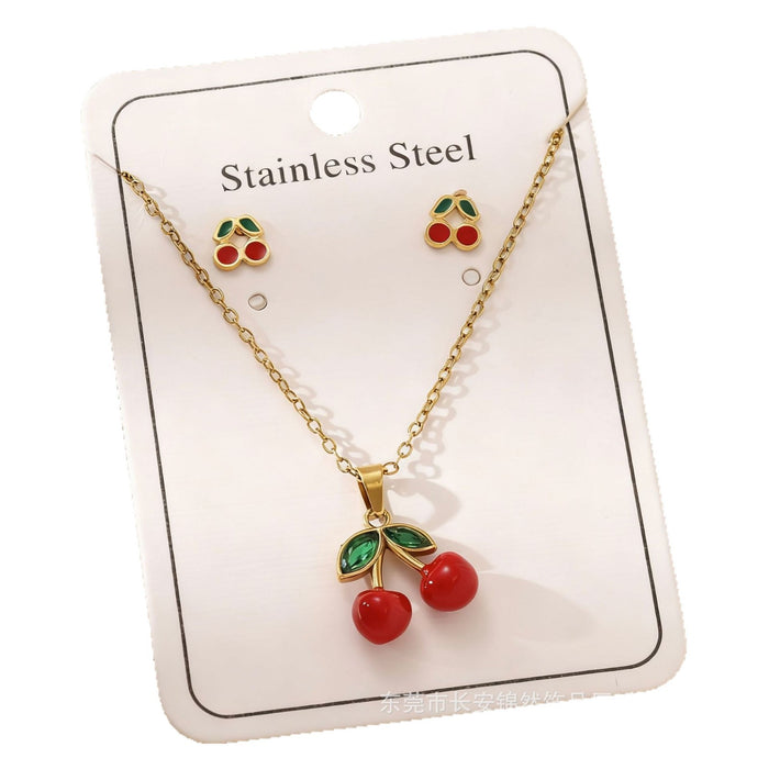 Wholesale 18K Gold Cherry Stainless Steel Earring and Necklace Set