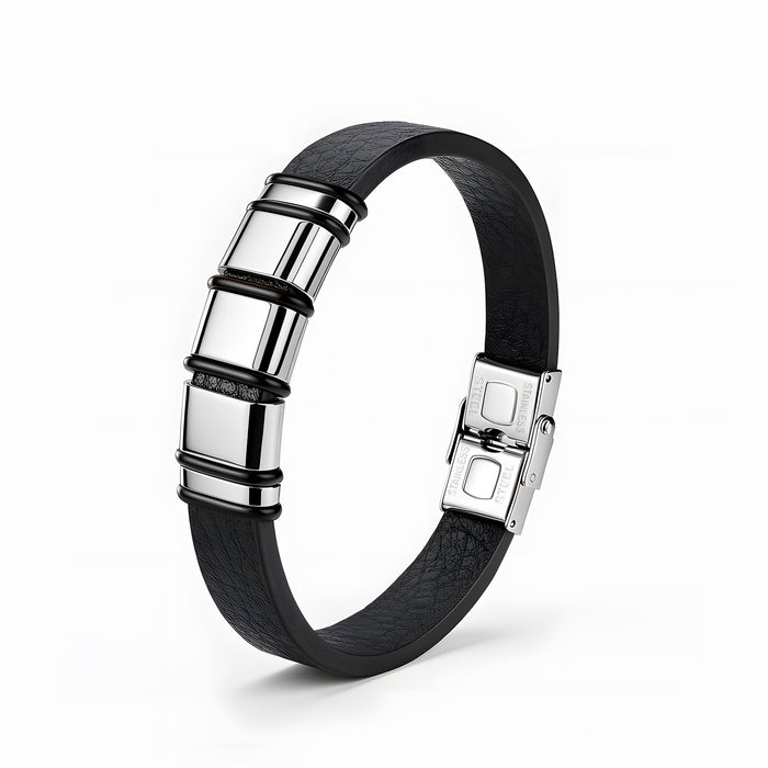 Wholesale Men' s Stainless Steel Bamboo Leather Bracelet Accessory
