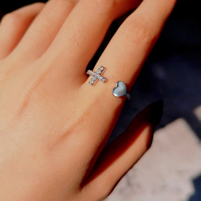 Wholesale Cross Love Heart Geometric Ring with Diamond Finish Alloy Adjustable Accessory