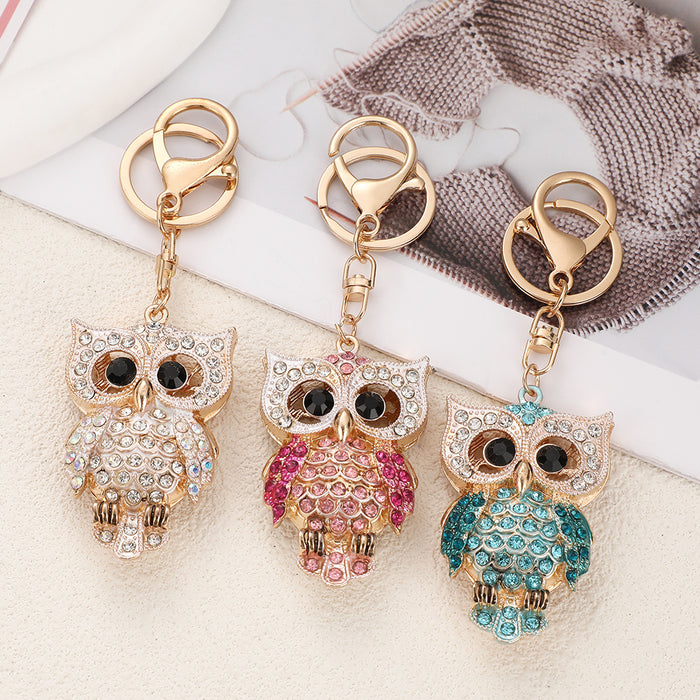 Wholesale Green Cartoon Owl Rhinestone Keychain Zinc Alloy Bag Charm MOQ≥2