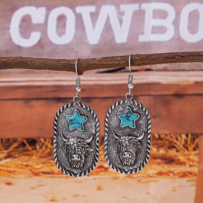 Wholesale Western style vintage pinto highland cattle desert sunset pattern pendant earrings
