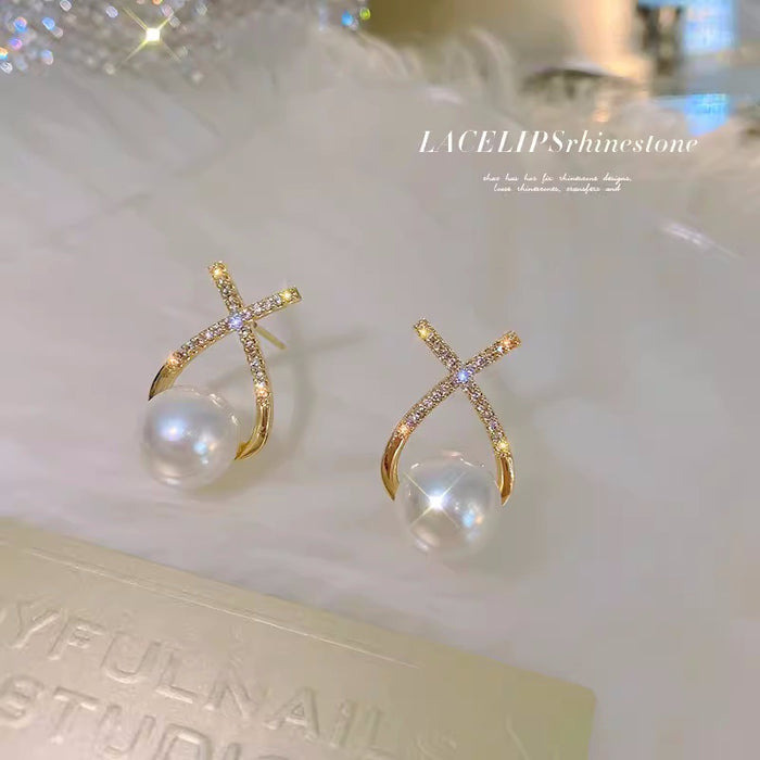 Wholesale Micro inlaid zircon cross pearl earrings with a light luxury temperament