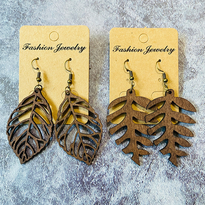 Wholesale Wooden earrings hollow cutting retro leaf shape Bohemian earrings