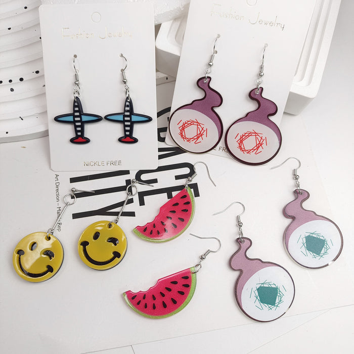 Wholesale Creative personality acrylic cartoon ground binding young flower earrings yellow smiley face colorful aircraft watermelon earrings