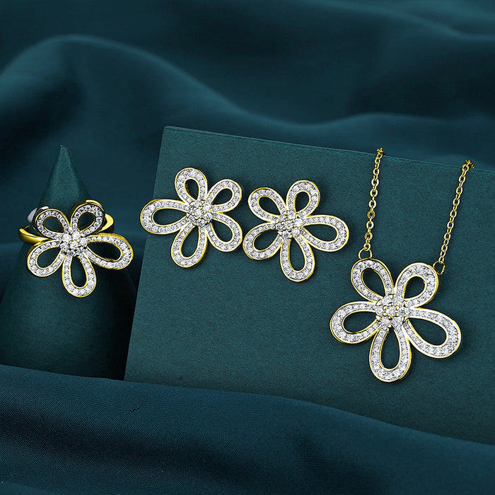 Wholesale Geometric flower earrings, high-end feeling, collarbone chain necklace accessories, open ring, women's earring jewelry set