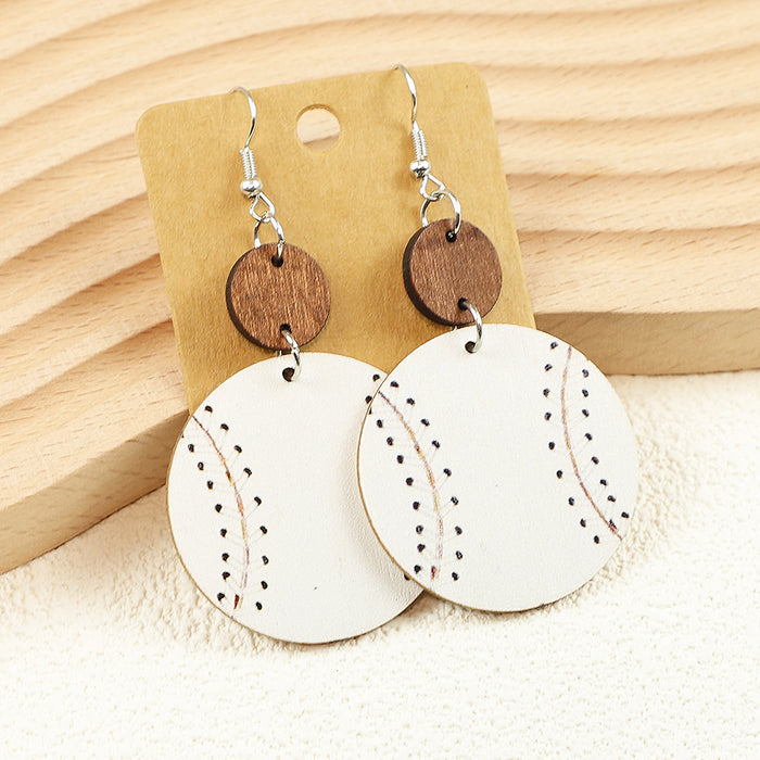 Wholesale Western Style Sunflower Old Wooden Disc Splicing Sports Baseball Leopard Print Women' s Wooden Earrings