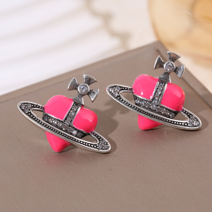 Wholesale Three-color oil-drop heart Saturn micro-inlaid zircon earrings