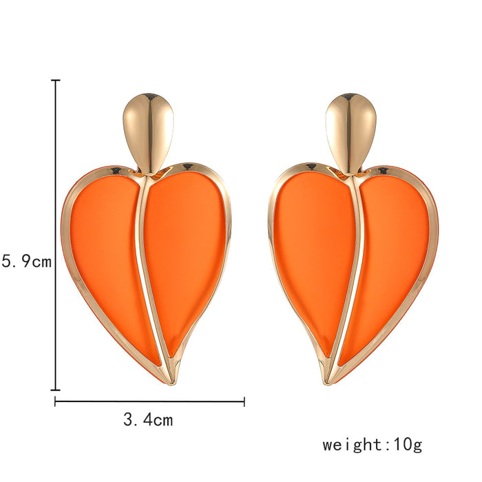 Wholesale New fashionable and versatile design, colorful spray painted heart-shaped water droplet double-layer earrings