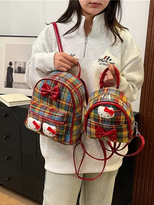 Wholesale Vintage Red Bow Plaid Cute Cat Backpack Bags
