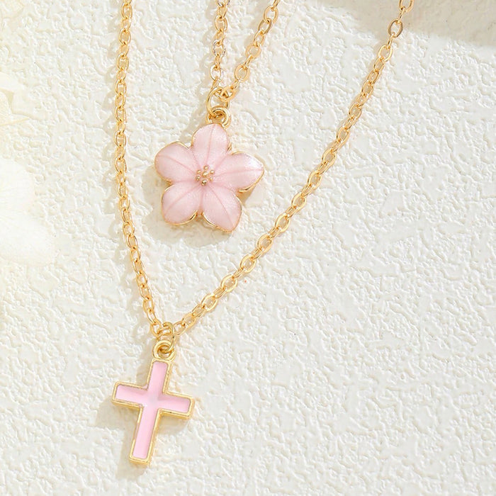 Wholesale Drip Oil Cross Flower Pendant Necklace Layered Collar Chain Necklace