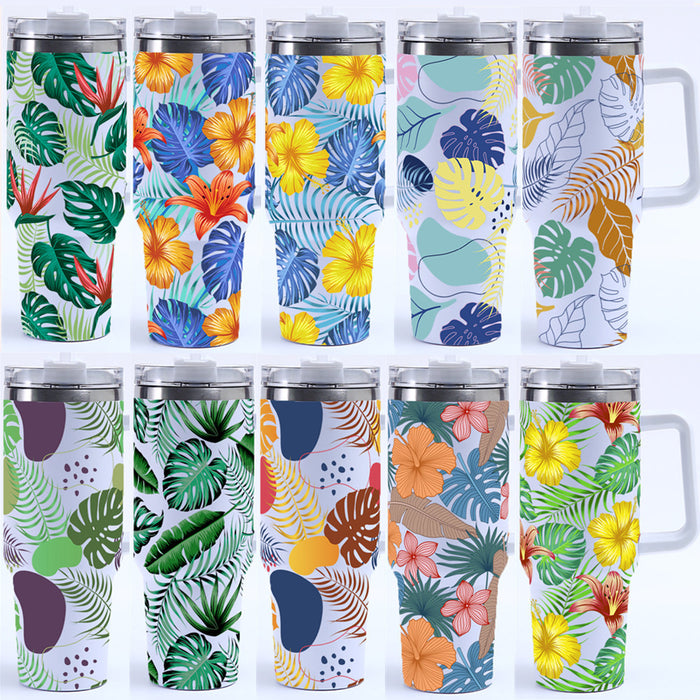 Wholesale Amazon Cross-Border 40oz Tropical Leaf Ice Cup Stainless Steel Thermal Insulation Car Cup Large Capacity with Handle