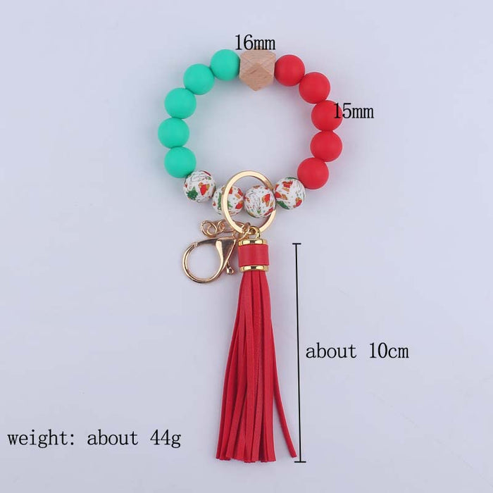 Wholesale Silicone leopard beads wrist keychain pendant leather PU tassel beaded bracelet accessories