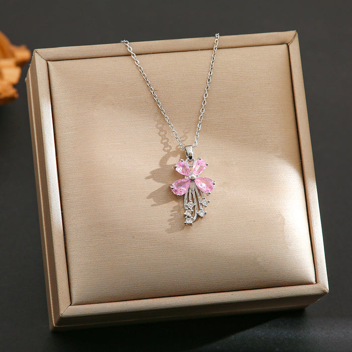 Wholesale Pink zircon silver titanium steel necklace