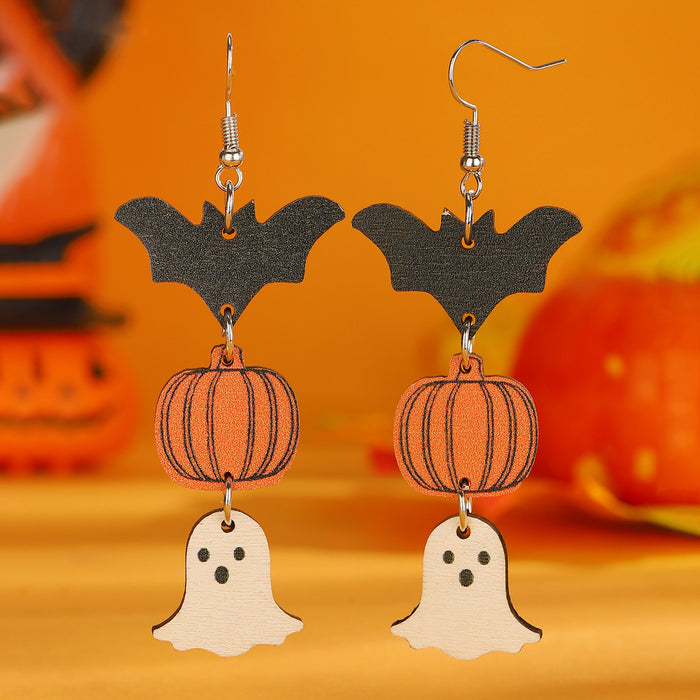 Wholesale  Gothic Black Cat Ghost Pumpkin ing Triple Pendant Earrings Wooden Funny Earrings