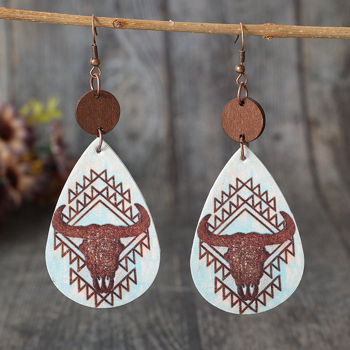 Wholesale Leather Earrings Retro Cow Print Water Drop Splicing