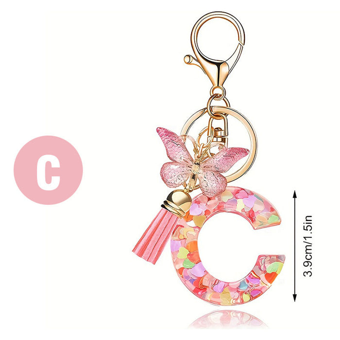 Wholesale Fashion pink letter key chain love sequins butterfly tassel key chain crystal  accessories