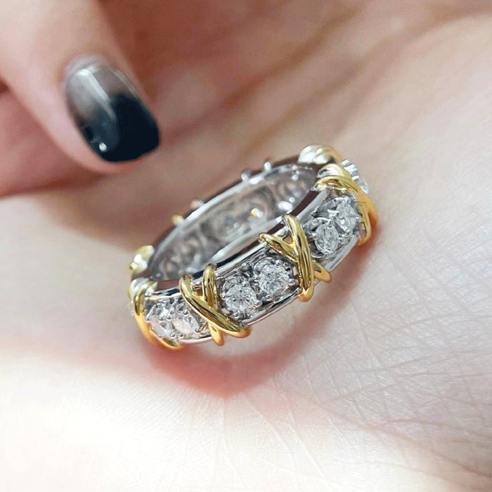 Wholesale Cross two-color ring full of diamonds in rose gold, high-end sixteen-stone light luxury ring